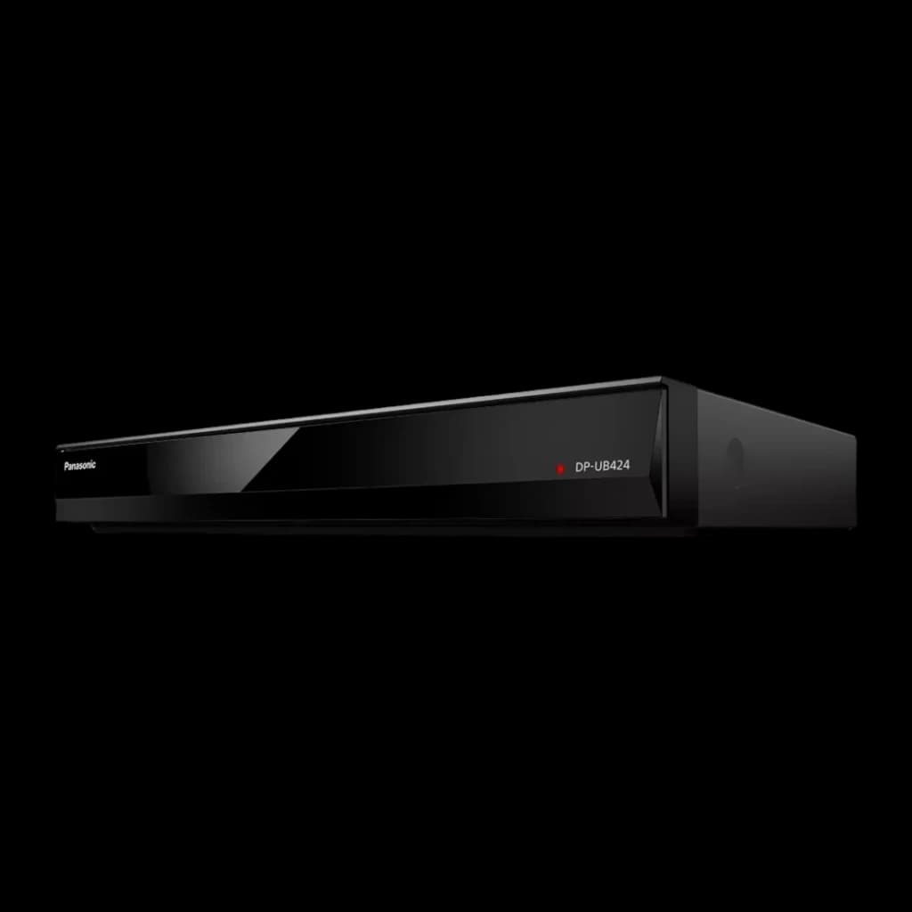 Lecteur Blu-ray Panasonic Noir 4K Ultra HD Dolby Atmos / DTS:X DP-UB424 - face avant en angle avec logo et LED