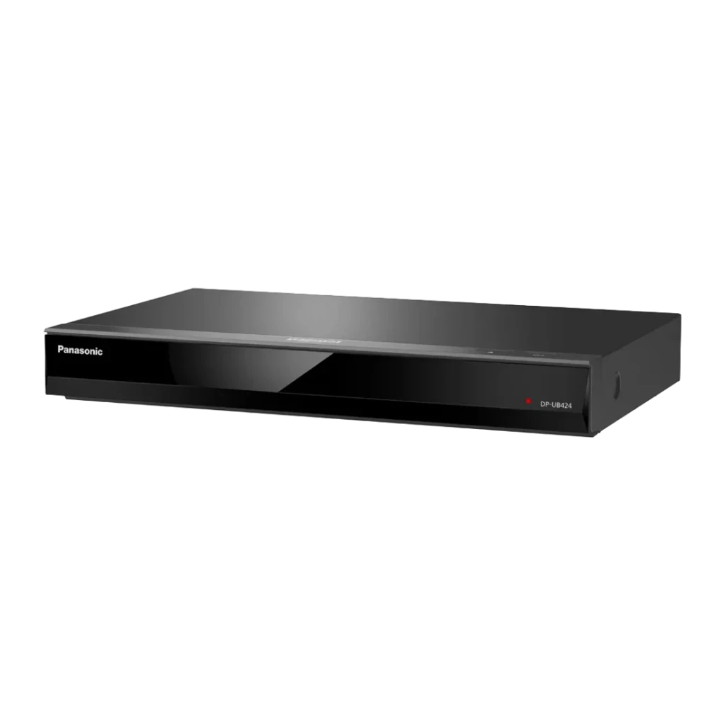 Reproductor Blu-ray Panasonic Negro 4K Ultra HD Dolby Atmos / DTS:X DP-UB424, vista lateral: logo Panasonic, ranura de disco