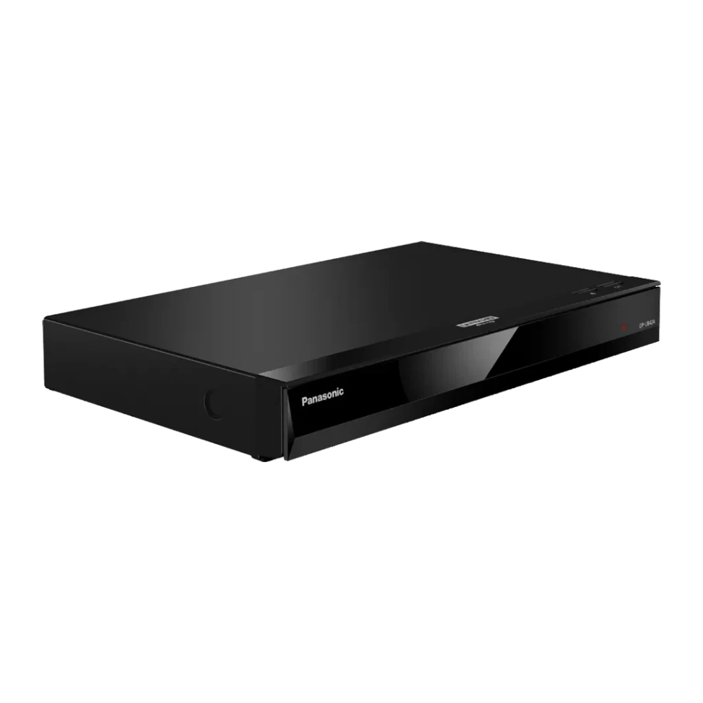 Reproductor Blu-ray Panasonic Negro 4K Ultra HD Dolby Atmos / DTS:X DP-UB424, vista en ángulo: carcasa superior brillante