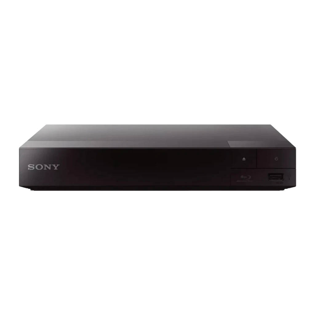 Lecteur Blu-ray Sony Noir Full HD HDMI + USB 2.0 + Ethernet BDP-S1700, vue avant: corps plat noir, logo Sony, fente disque