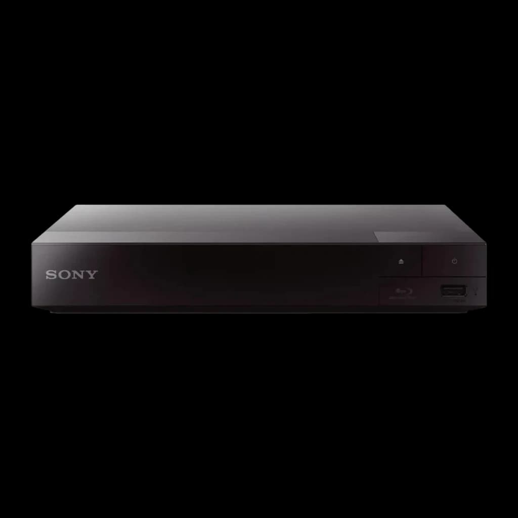 Lecteur Blu-ray Sony Noir Full HD HDMI + USB 2.0 + Ethernet BDP-S1700, vue avant: corps plat noir, logo Sony, fente disque