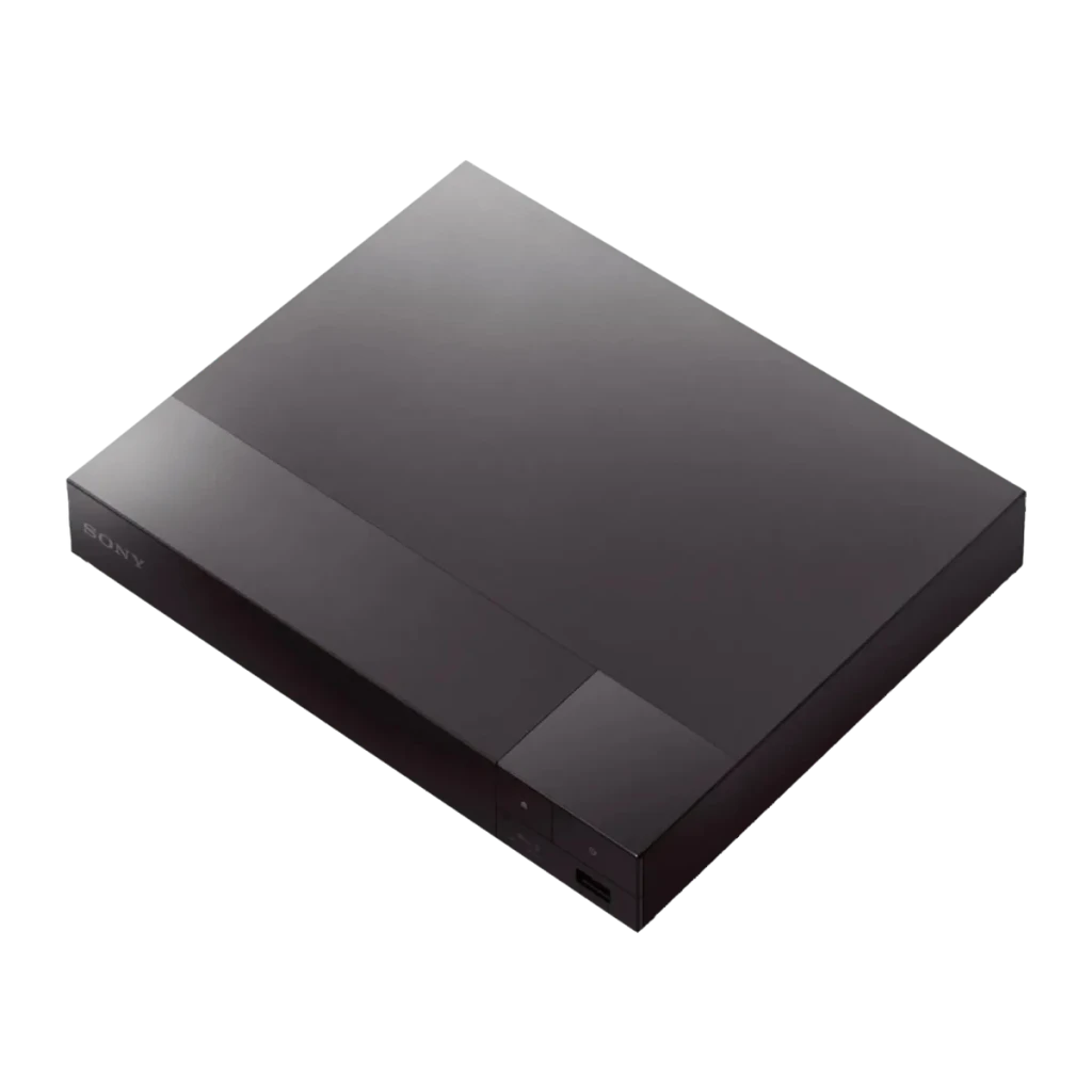 Lecteur Blu-ray Sony Noir Full HD HDMI + USB 2.0 + Ethernet BDP-S1700, vue dessus en angle: couvercle brillant, logo Sony