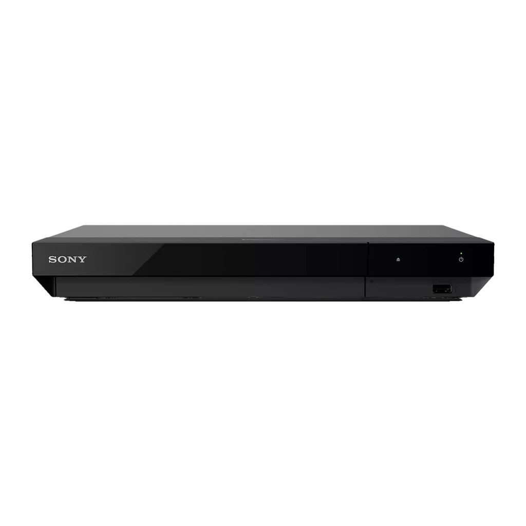 Lecteur Blu-ray Sony DSD Streaming Noir UBP-X700, vue de face: panneau noir avec logo Sony, fente disque et bouton