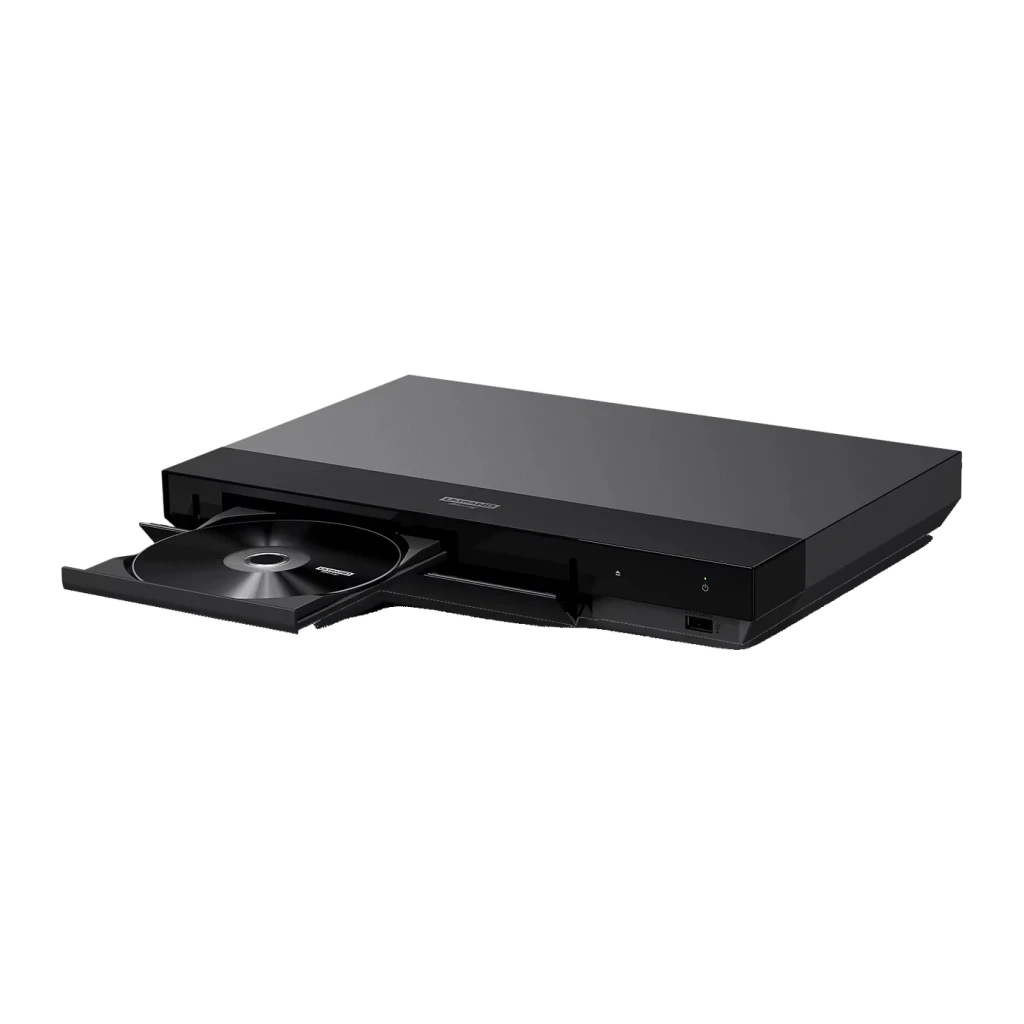 Lecteur Blu-ray Sony DSD Streaming Noir UBP-X700, vue latérale: tiroir ouvert avec disque Blu-ray chargé