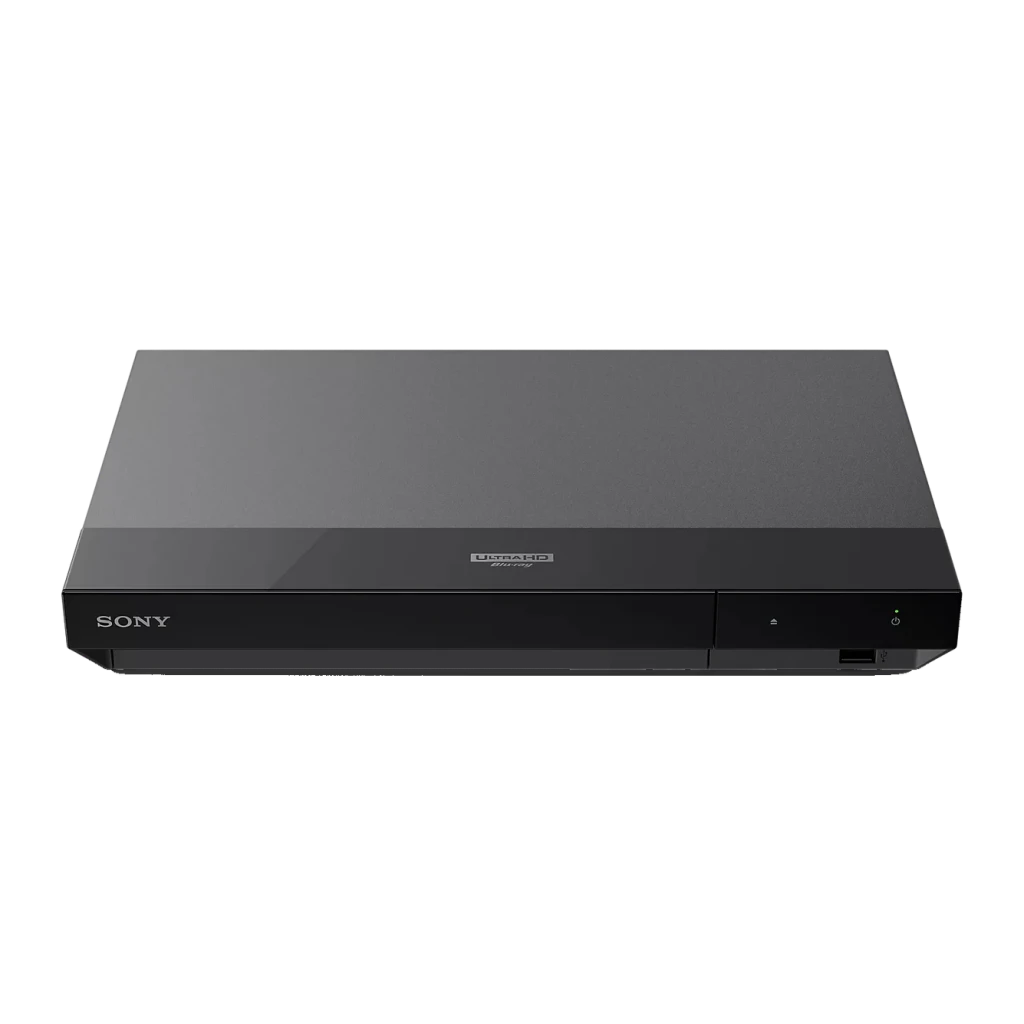Lecteur Blu-ray Sony DSD Streaming Noir UBP-X700, vue avant-dessus: couvercle gris, logo Sony, badge Ultra HD Blu-ray
