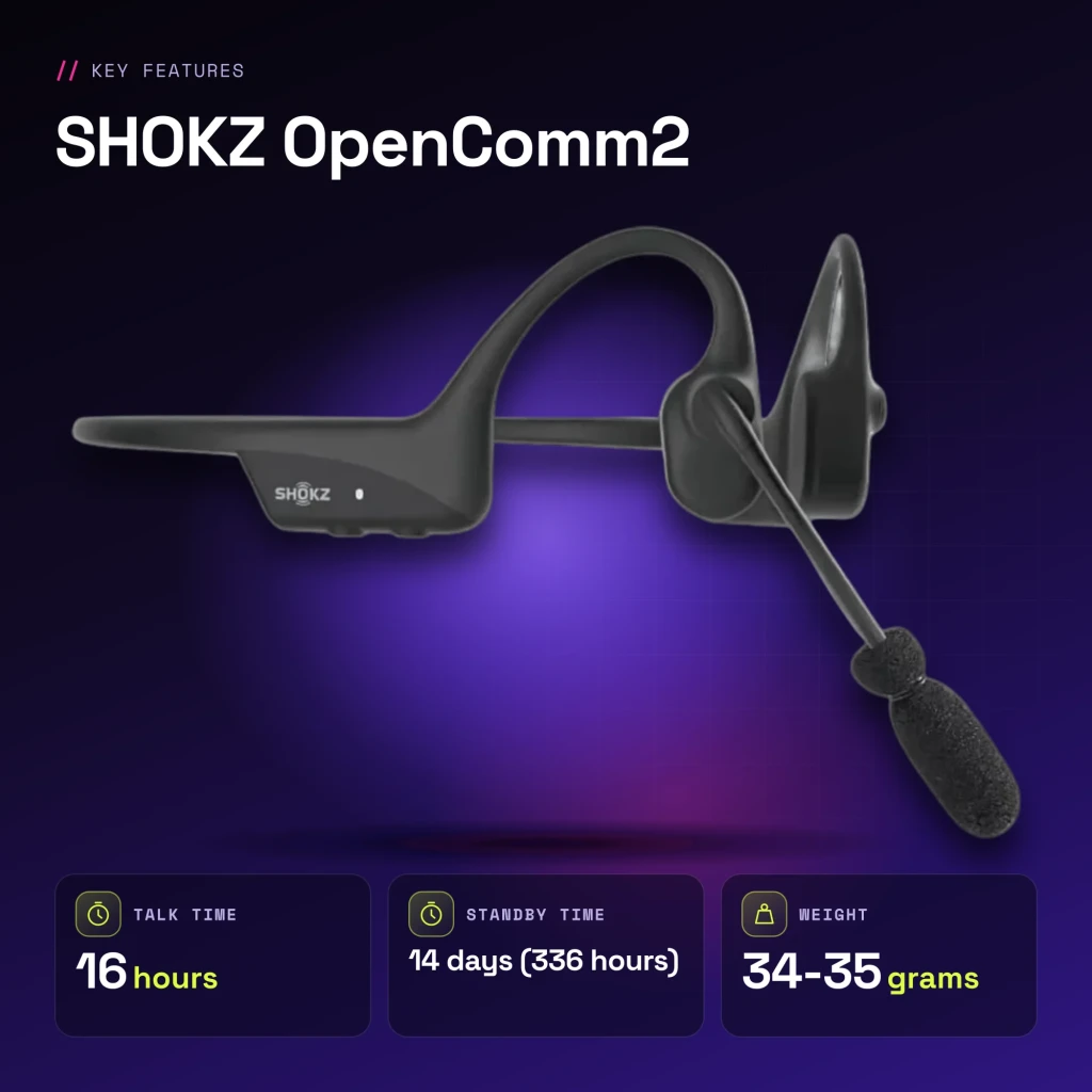 Auriculares de conducción ósea SHOKZ OpenComm2 Open-Ear Bluetooth 16h Negro - características