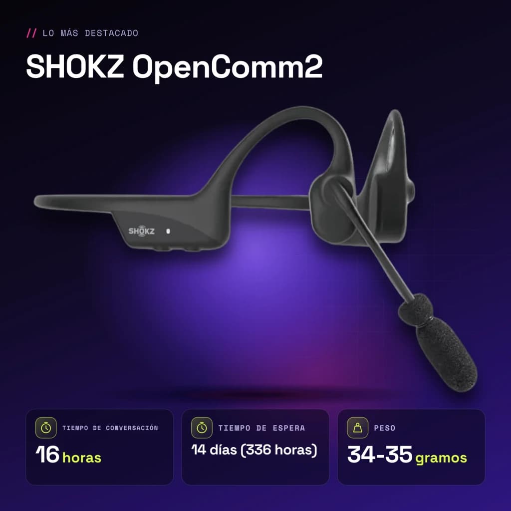 Auriculares de conducción ósea SHOKZ OpenComm2 Open-Ear Bluetooth 16h Negro - características