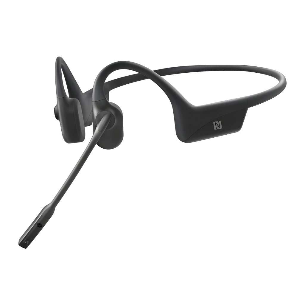 Auriculares de conducción ósea SHOKZ OpenComm2 Open-Ear Bluetooth 16h Negro, vista lateral: boom mic extensible, logo NFC