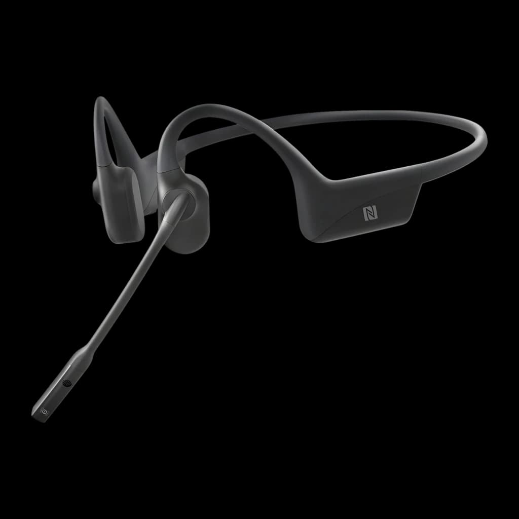 Auriculares de conducción ósea SHOKZ OpenComm2 Open-Ear Bluetooth 16h Negro, vista lateral: boom mic extensible, logo NFC