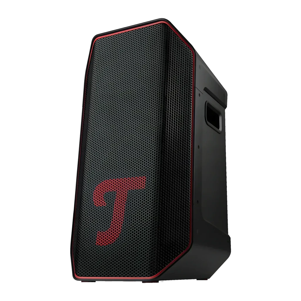 Altavoz portatil Teufel Rockster Air 2 2.1 Subwoofer Inalámbrico 25W Negro, vista frontal en ángulo: rejilla negra con logo