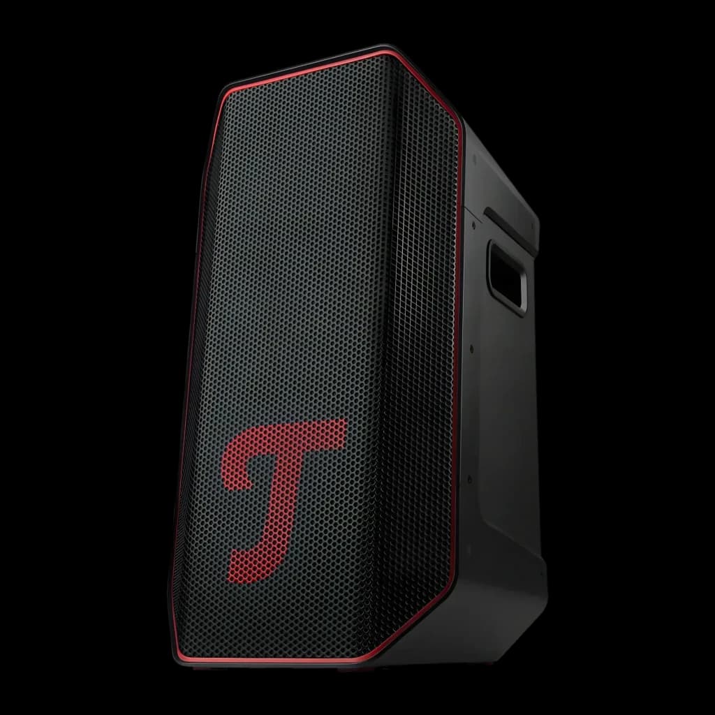 Altavoz portatil Teufel Rockster Air 2 2.1 Subwoofer Inalámbrico 25W Negro, vista frontal en ángulo: rejilla negra con logo