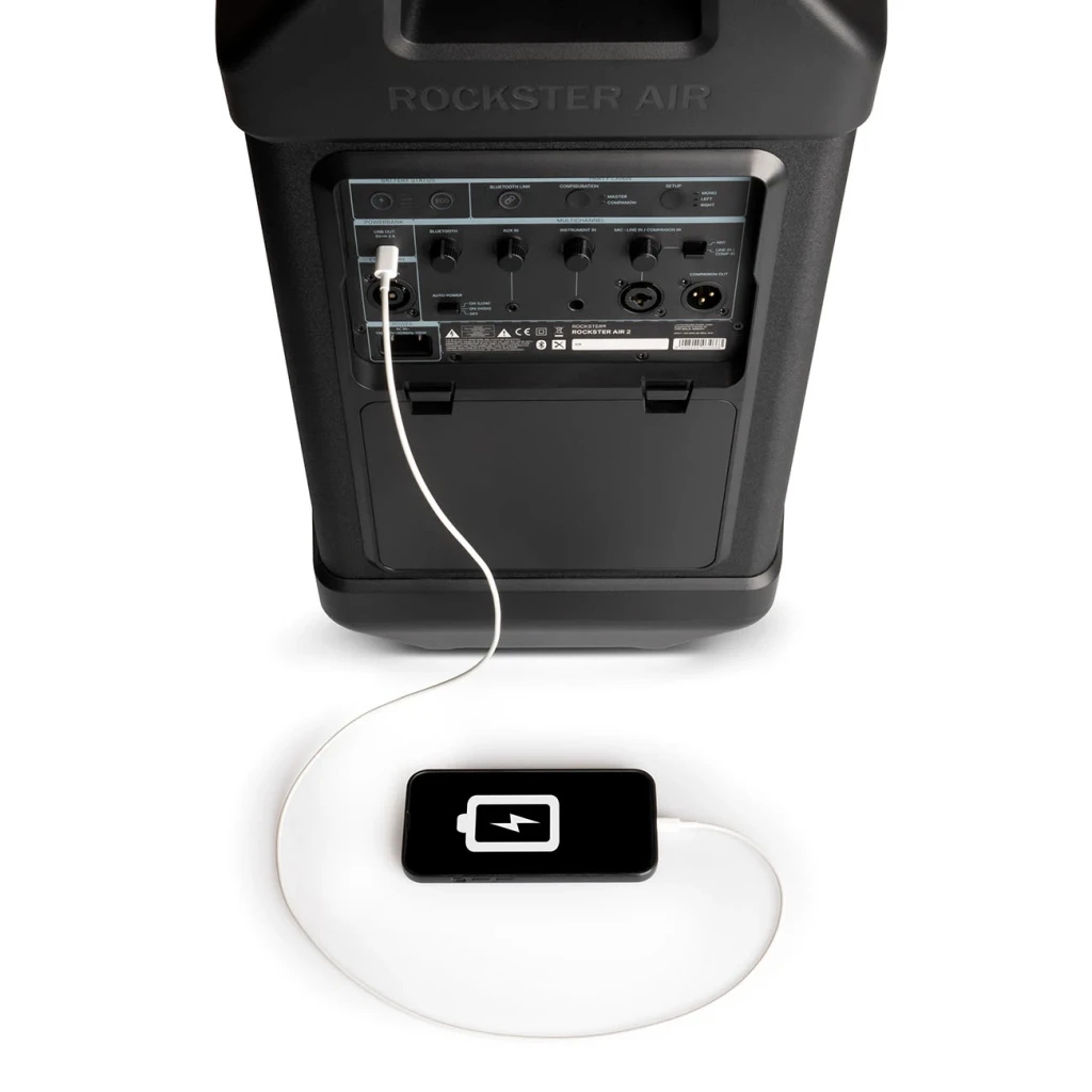 Altavoz portatil Teufel Rockster Air 2 2.1 Subwoofer Inalámbrico 25W Negro, panel trasero: conexiones y cable USB cargando