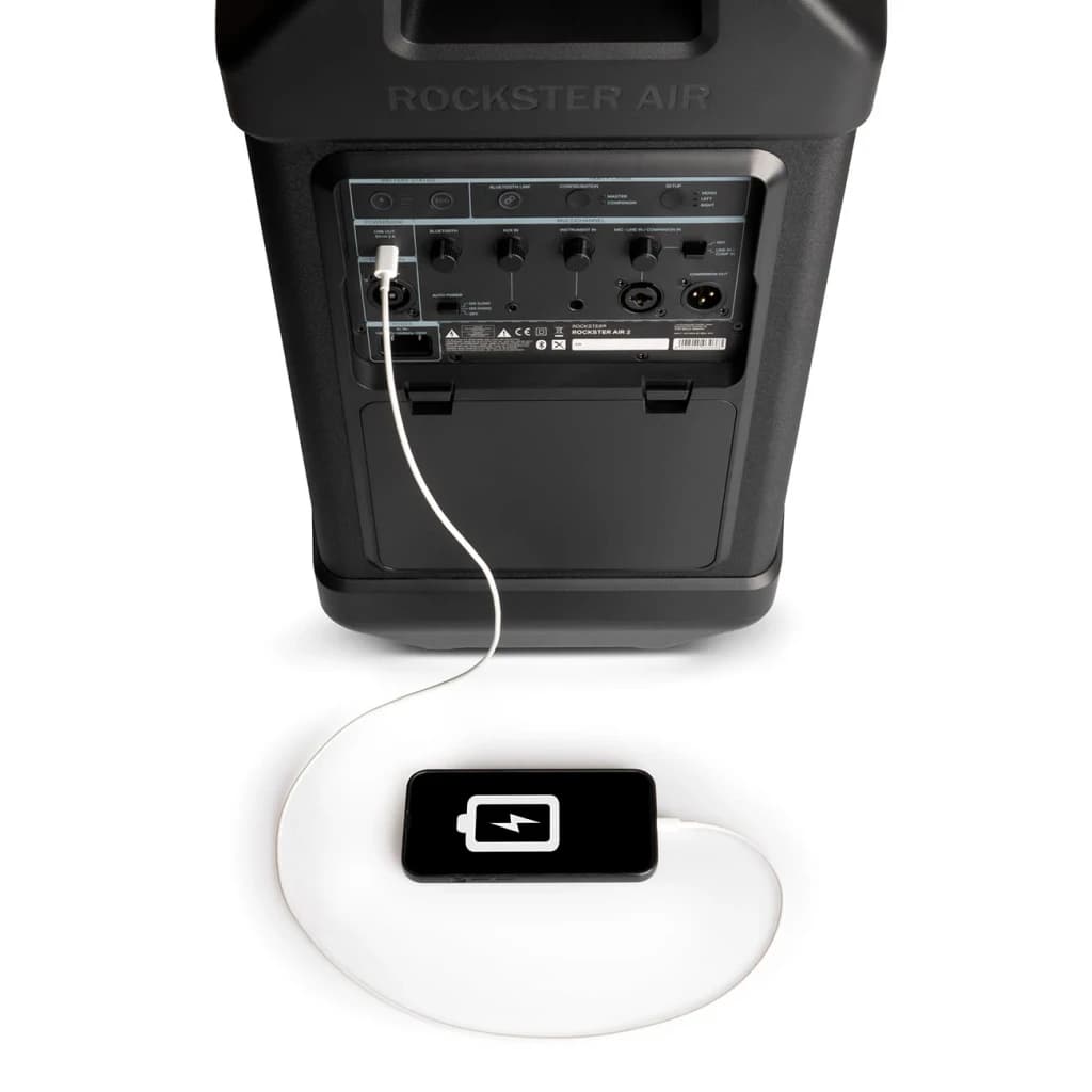 Altavoz portatil Teufel Rockster Air 2 2.1 Subwoofer Inalámbrico 25W Negro, panel trasero: conexiones y cable USB cargando