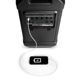 Altavoz portatil Teufel Rockster Air 2 2.1 Subwoofer Inalámbrico 25W Negro, panel trasero: conexiones y cable USB cargando