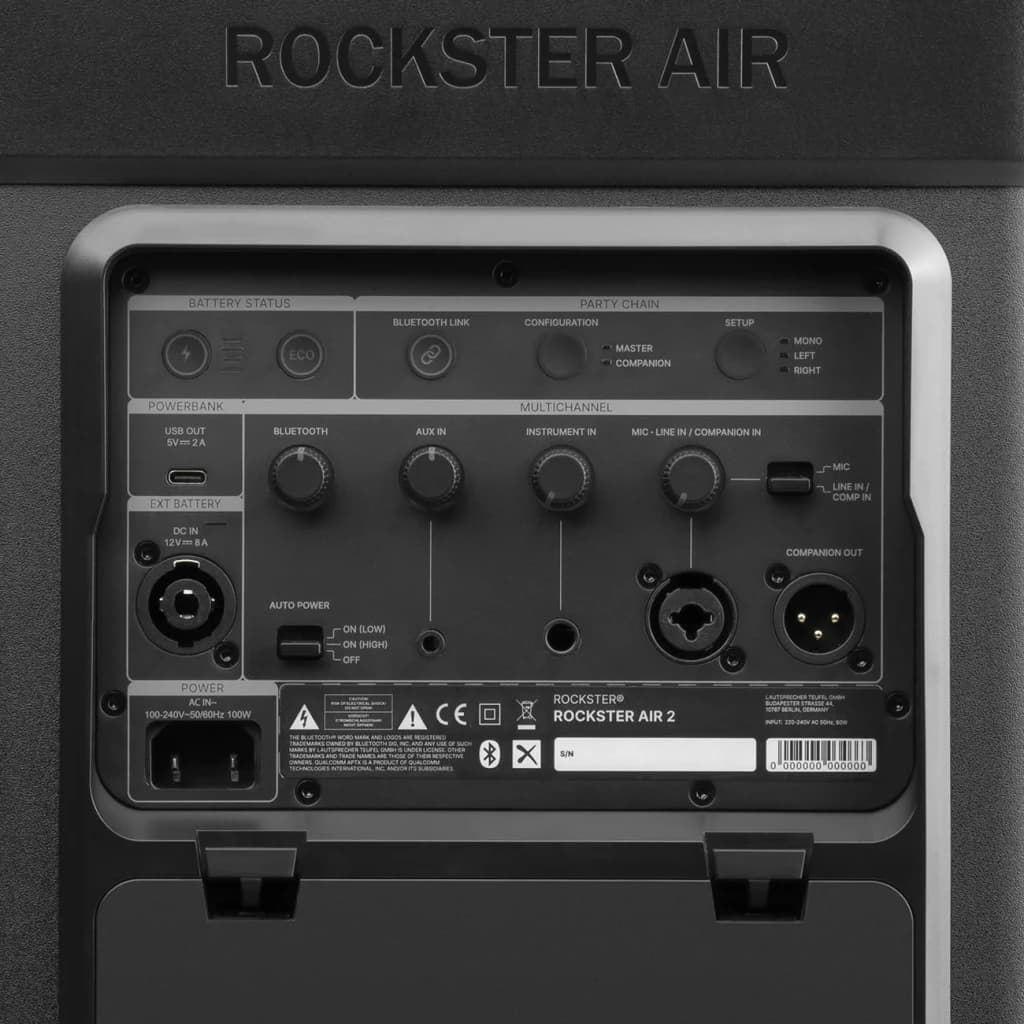 Altavoz portatil Teufel Rockster Air 2 2.1 Subwoofer Inalámbrico 25W Negro, panel trasero: conexiones USB, AUX, XLR