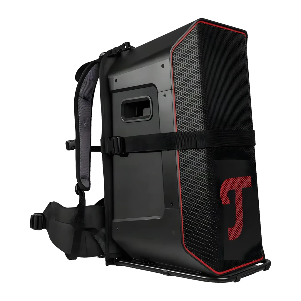 Altavoz portatil Teufel Rockster Air 2 2.1 Subwoofer Inalámbrico 25W Negro, vista lateral: mochila con rejilla hexagonal
