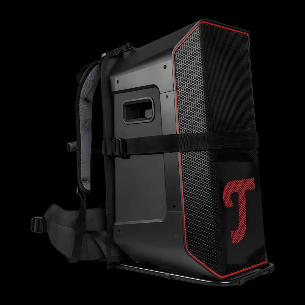 Altavoz portatil Teufel Rockster Air 2 2.1 Subwoofer Inalámbrico 25W Negro, vista lateral: mochila con rejilla hexagonal