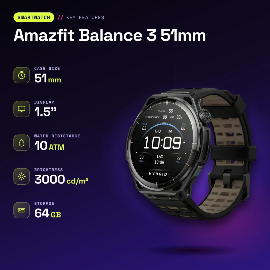 Amazfit Balance 3 51mm Negro NFC SpO2 Temperatura Corporal Batería 21 Días - características