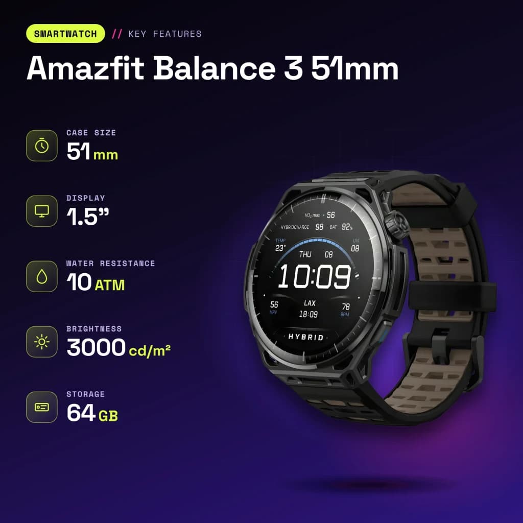 Amazfit Balance 3 51mm Negro NFC SpO2 Temperatura Corporal Batería 21 Días - características
