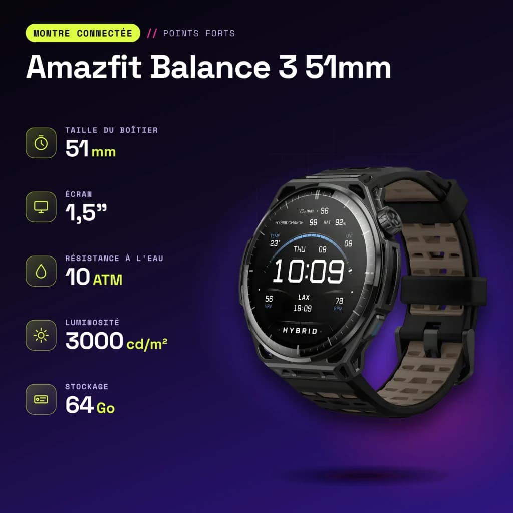 Amazfit Balance 3 51mm Negro NFC SpO2 Temperatura Corporal Batería 21 Días - características
