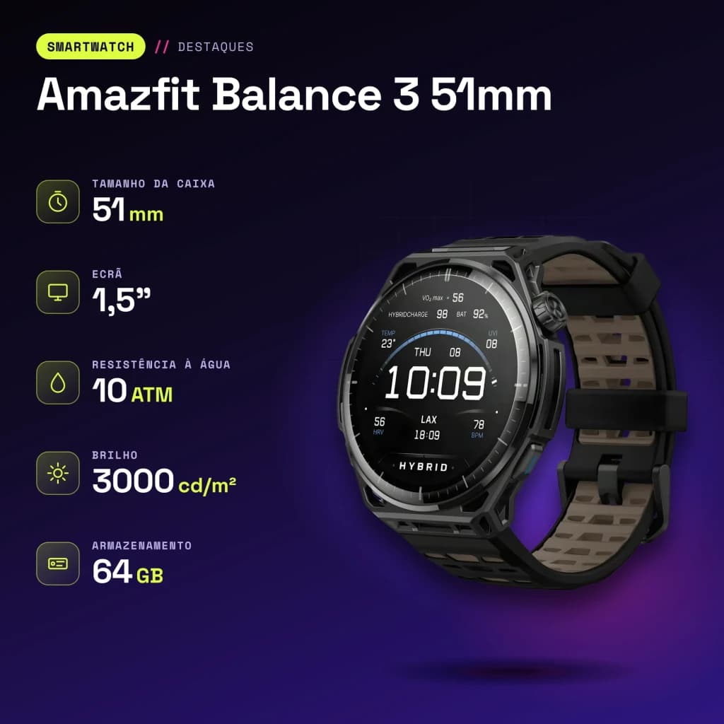Amazfit Balance 3 51mm Negro NFC SpO2 Temperatura Corporal Batería 21 Días - características