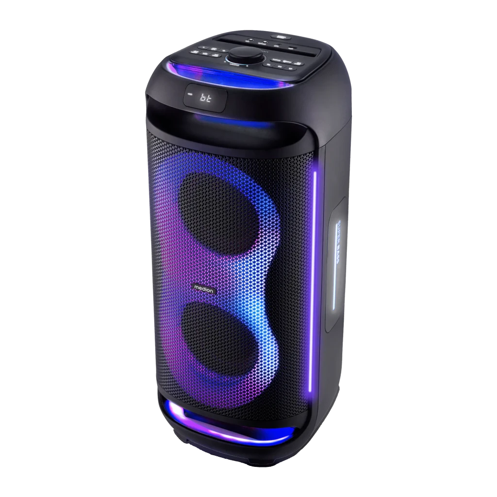 Altavoz Bluetooth Medion LIFE PE-2 Plus Partybox 2x30W RMS 21,5h, vista frontal en ángulo: luces LED RGB en rejilla y lateral