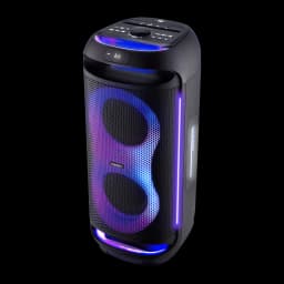 Altavoz Bluetooth Medion LIFE PE-2 Plus Partybox 2x30W RMS 21,5h, vista frontal en ángulo: luces LED RGB en rejilla y lateral