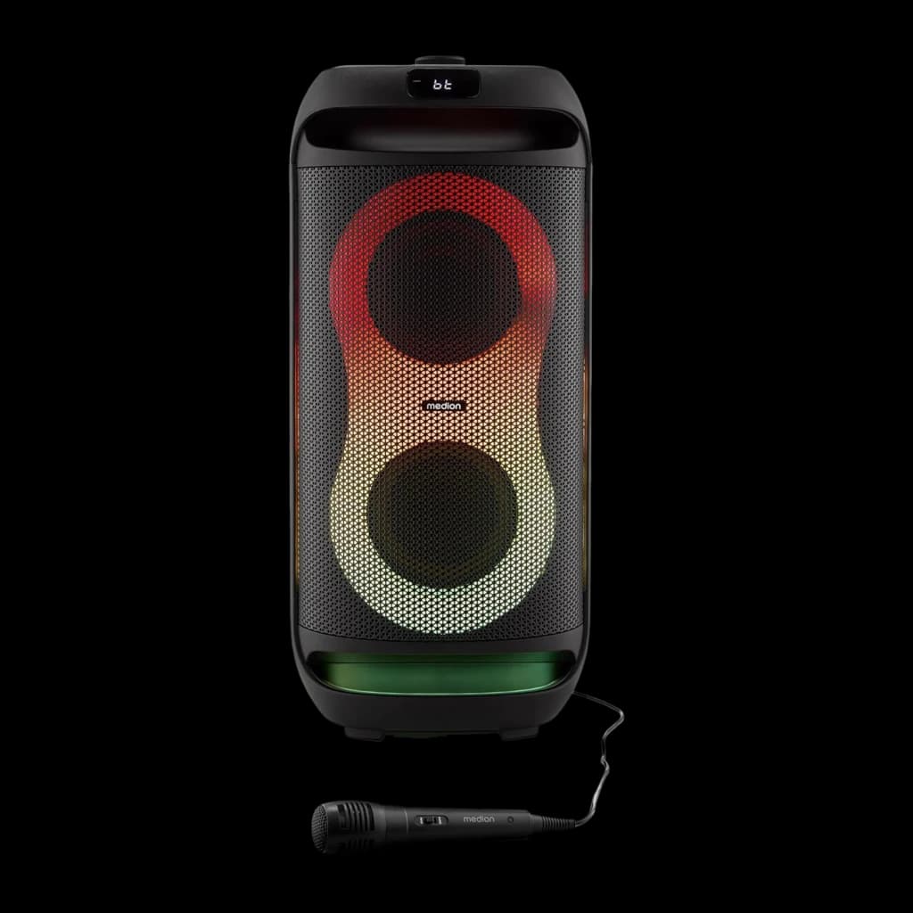 Altavoz Bluetooth Medion LIFE PE-2 Plus Partybox 2x30W RMS 21,5h, frontal: luces RGB rojas y verdes, rejilla negra