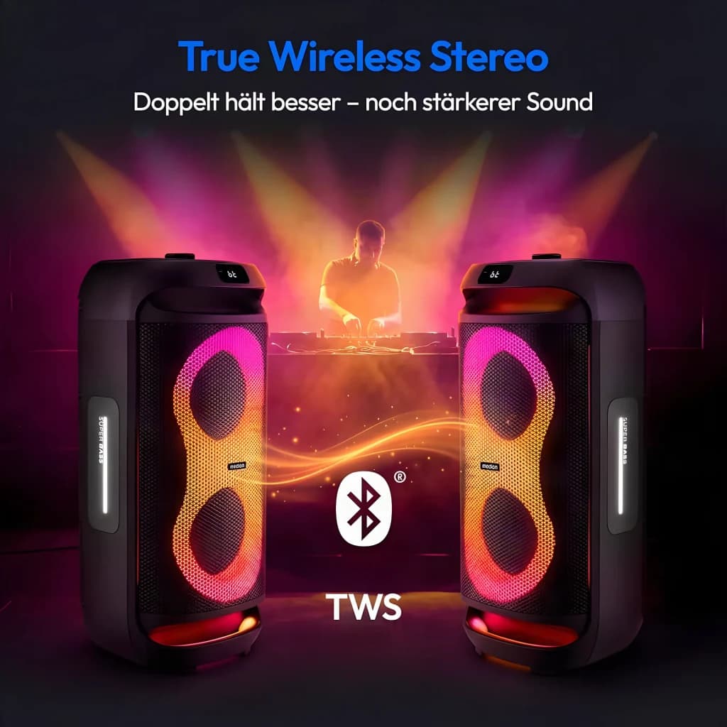 Altavoz Bluetooth Medion LIFE PE-2 Plus Partybox 2x30W RMS 21,5h, modo TWS: dos unidades con luces RGB en escena de DJ