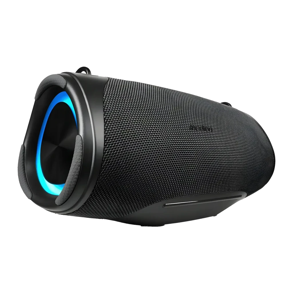 Altavoz portátil MEDION LIFE IPX7 30W 42h Negro P61746, vista lateral: luz LED azul en frontal cilíndrico y rejilla textil
