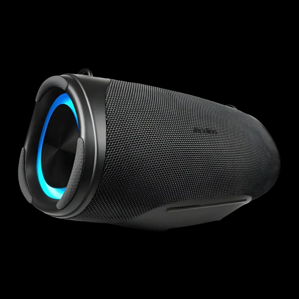 Altavoz portátil MEDION LIFE IPX7 30W 42h Negro P61746, vista lateral: luz LED azul en frontal cilíndrico y rejilla textil
