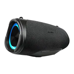 Altavoz portátil MEDION LIFE IPX7 30W 42h Negro P61746, vista lateral: luz LED azul en frontal cilíndrico y rejilla textil