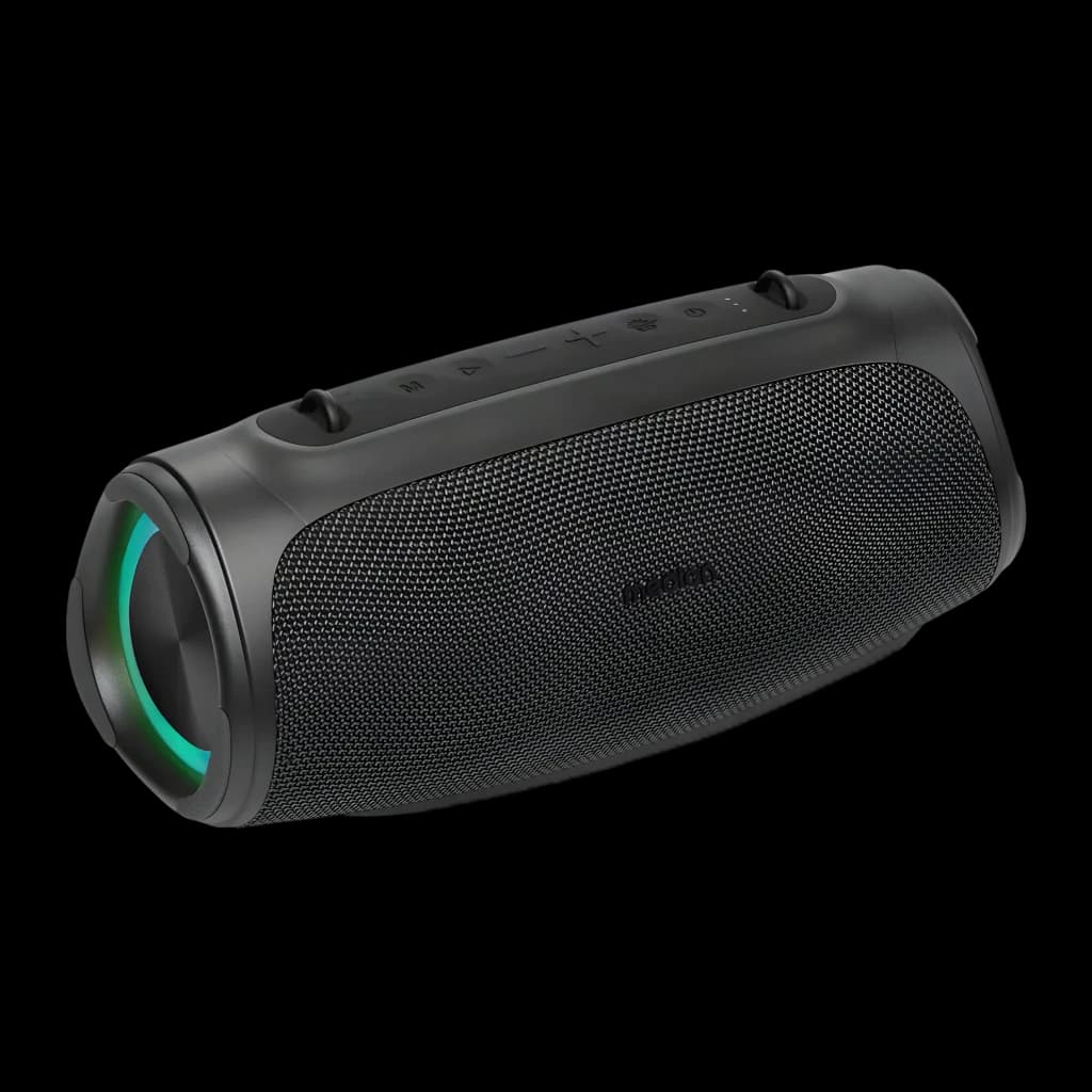 Altavoz portátil MEDION LIFE IPX7 30W 42h Negro P61746, vista en ángulo: rejilla textil, luz LED verde en lateral y botones