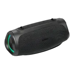 Altavoz portátil MEDION LIFE IPX7 30W 42h Negro P61746, vista en ángulo: rejilla textil, luz LED verde en lateral y botones