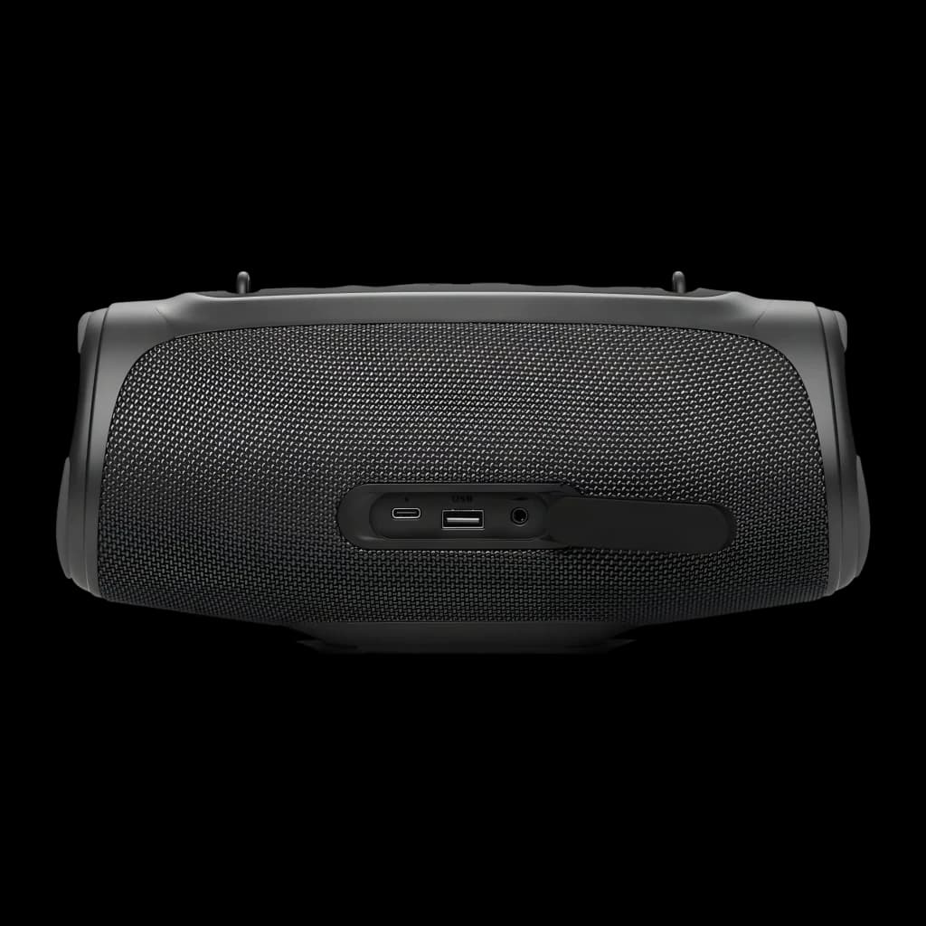 Altavoz portátil MEDION LIFE IPX7 30W 42h Negro P61746, vista frontal: rejilla textil y puertos USB-C, USB-A y jack visibles