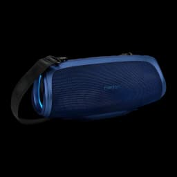 Altavoz portátil MEDION LIFE IPX7 30W 42h Azul P61746, vista frontal en ángulo: rejilla textil azul, luz LED lateral