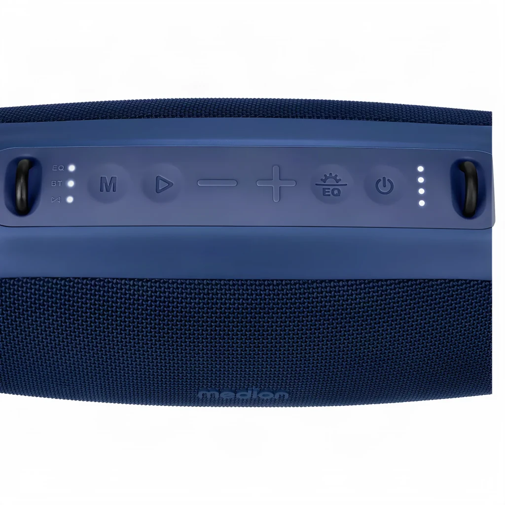 Altavoz portátil MEDION LIFE IPX7 30W 42h Azul P61746, detalle superior: botones de control, EQ, volumen y encendido