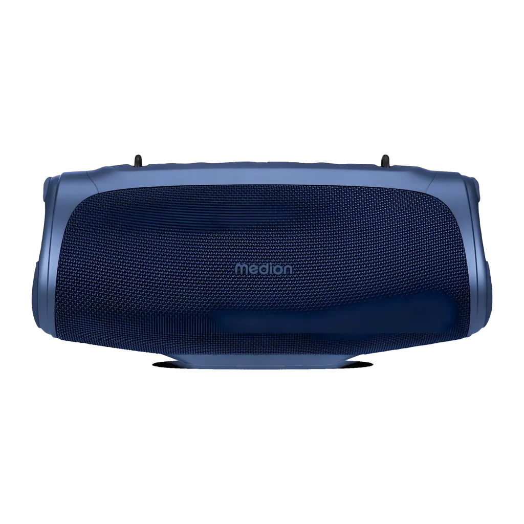 Altavoz portátil MEDION LIFE IPX7 30W 42h Azul P61746, vista superior: rejilla textil azul y logo Medion