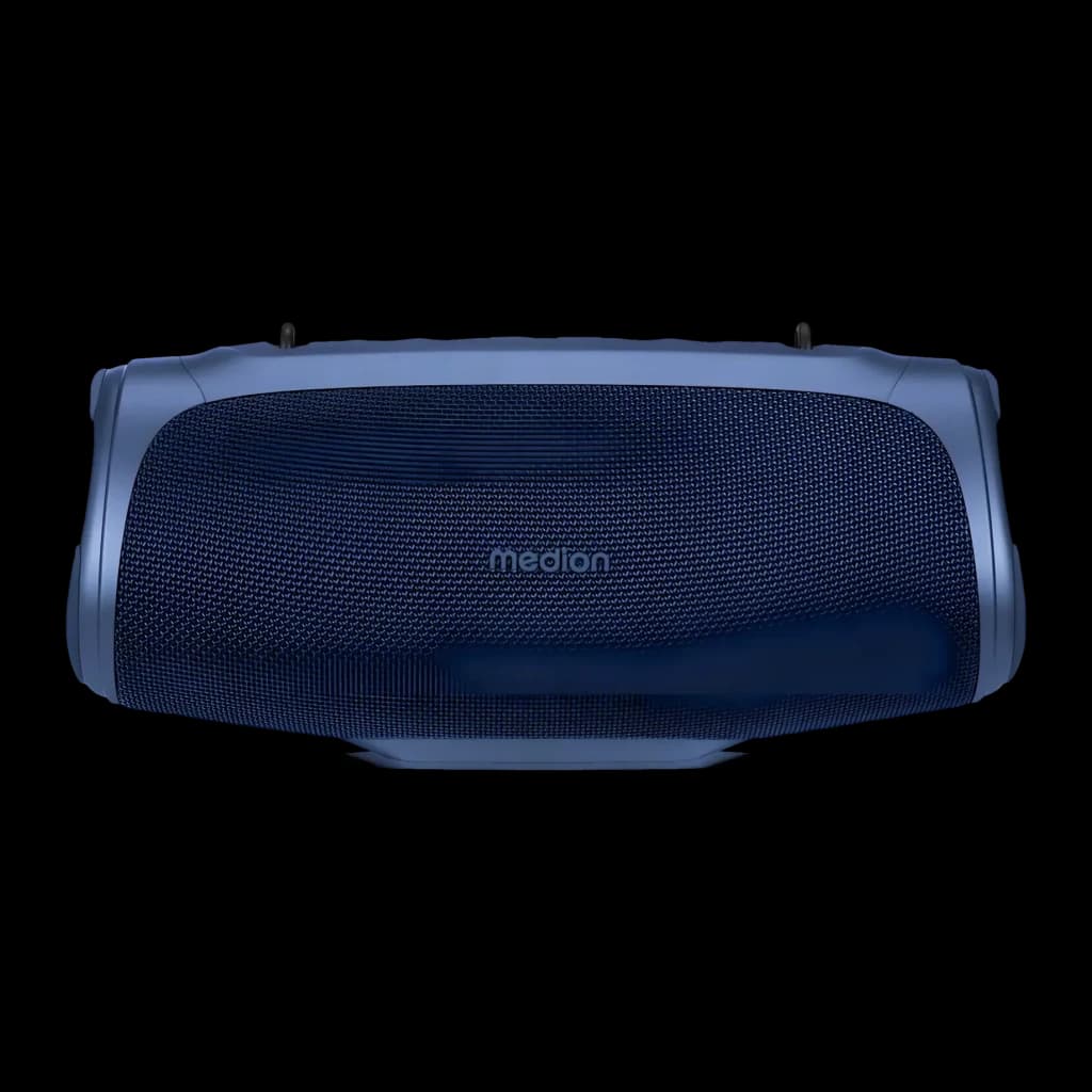 Altavoz portátil MEDION LIFE IPX7 30W 42h Azul P61746, vista superior: rejilla textil azul y logo Medion