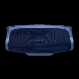 Altavoz portátil MEDION LIFE IPX7 30W 42h Azul P61746, vista superior: rejilla textil azul y logo Medion