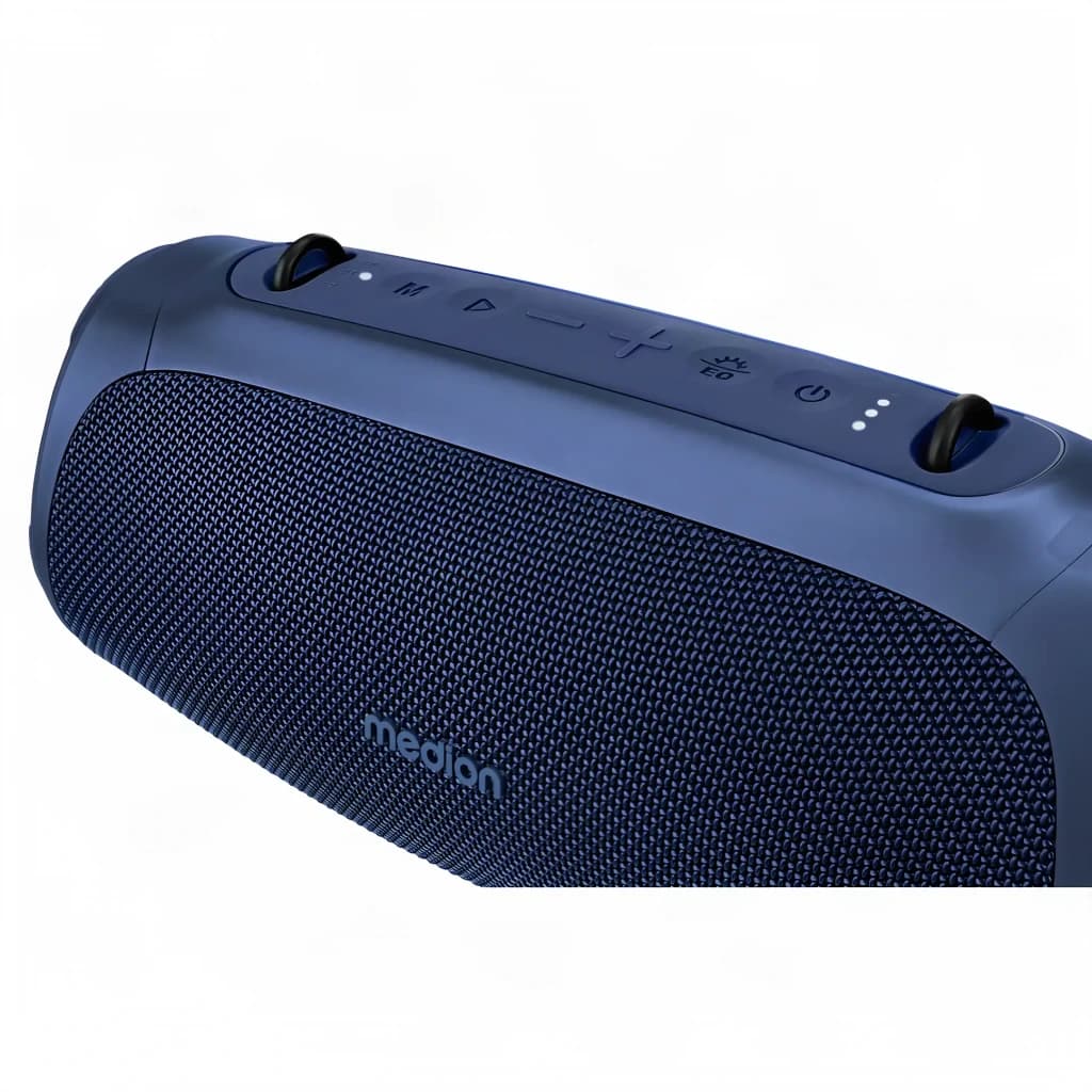 Altavoz portátil MEDION LIFE IPX7 30W 42h Azul P61746, detalle superior: rejilla textil y botones de control visibles
