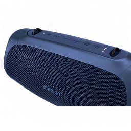 Altavoz portátil MEDION LIFE IPX7 30W 42h Azul P61746, detalle superior: rejilla textil y botones de control visibles