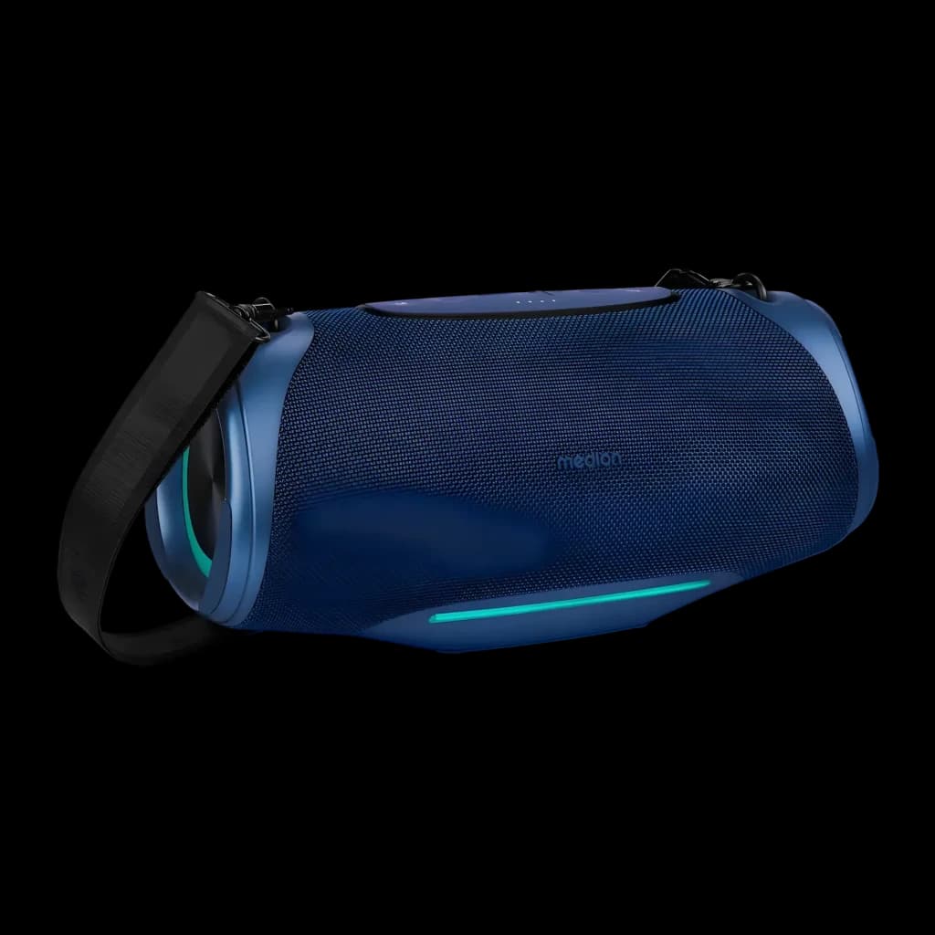 Altavoz portátil MEDION LIFE IPX7 50W 47h Azul P61762, vista lateral: rejilla textil azul, luz LED turquesa y correa