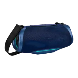 Altavoz portátil MEDION LIFE IPX7 50W 47h Azul P61762, vista lateral: rejilla textil azul, luz LED turquesa y correa