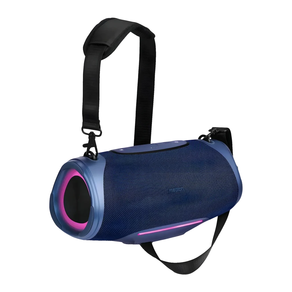 Altavoz portátil MEDION LIFE IPX7 50W 47h Azul P61762, vista lateral: correa bandolera negra, rejilla azul y luz LED rosa