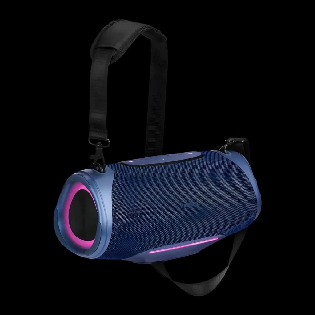 Altavoz portátil MEDION LIFE IPX7 50W 47h Azul P61762, vista lateral: correa bandolera negra, rejilla azul y luz LED rosa
