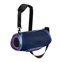 Altavoz portátil MEDION LIFE IPX7 50W 47h Azul P61762, vista lateral: correa bandolera negra, rejilla azul y luz LED rosa