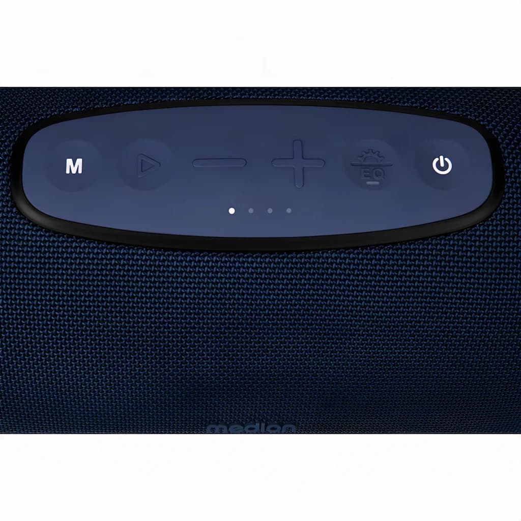 Altavoz portátil MEDION LIFE IPX7 50W 47h Azul P61762, detalle superior: panel de control con botones M, play, volumen, EQ