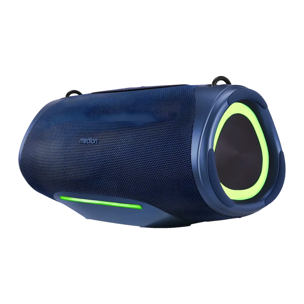 Altavoz portátil MEDION LIFE IPX7 50W 47h Azul P61762, vista lateral: rejilla textil azul, aro LED verde en altavoz y tira