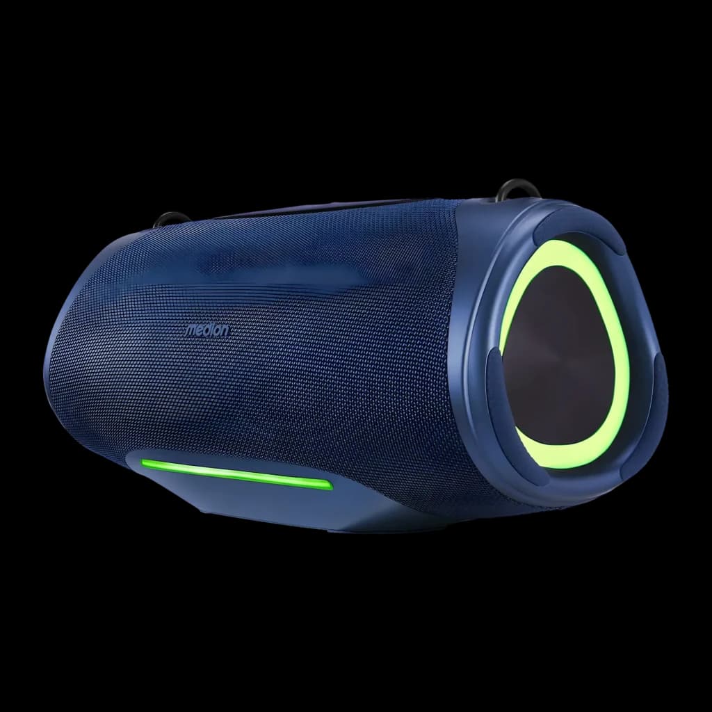 Altavoz portátil MEDION LIFE IPX7 50W 47h Azul P61762, vista lateral: rejilla textil azul, aro LED verde en altavoz y tira